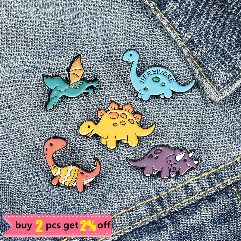 Dinosaur Enamel Lapel Pin Cartoon Stegosaurus Pterosauria Animal Brooch Backpacks Metal Badge Jewelry Gift for Friends Wholesale