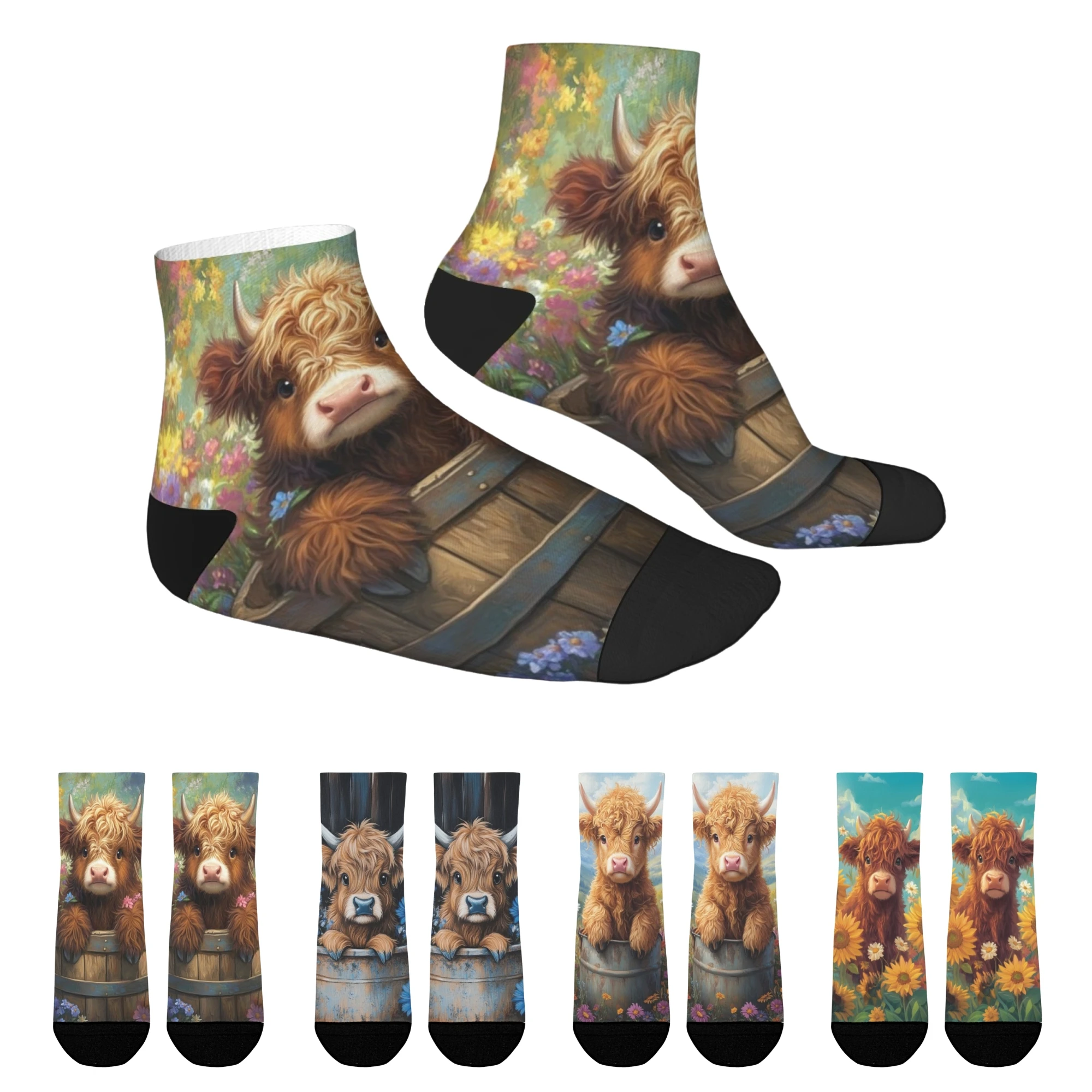 Ein Paar Neuheitskunst Highland Cow Flower Mode Herrensocken Happy Harajuku lustige Kompressionssocken Hip Hop Casual Sports