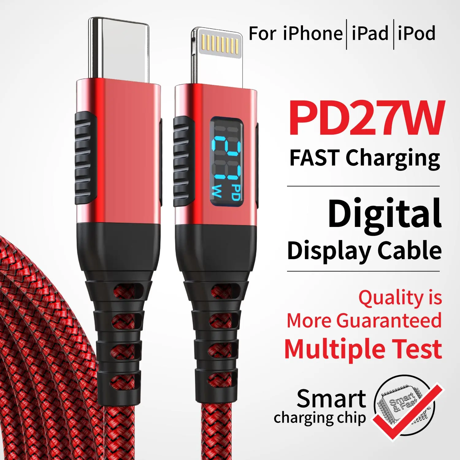 MFi-Zertifiziertes USB-C zu Lightning Ladekabel mit LED-Anzeige, 27W PD Schnellladung für iPhone 8-14 & iPad