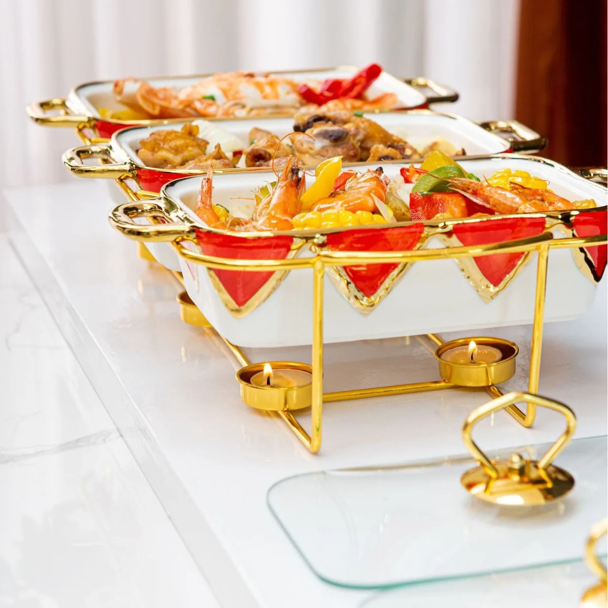 Casserole three-grid rectangular golden ceramic casserole heating baking pan dry soup pot 3pcs baking ware