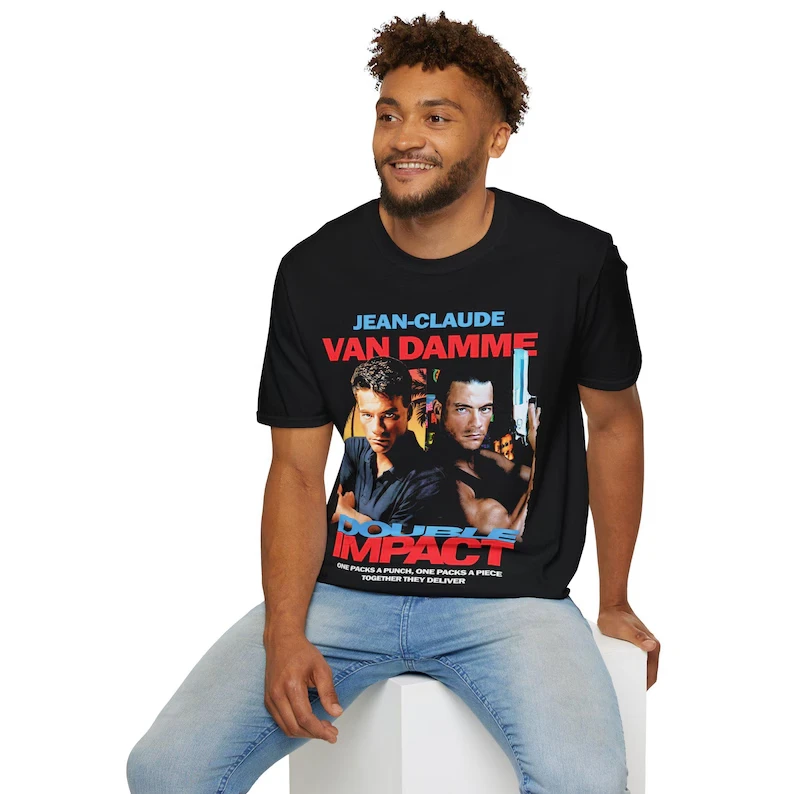 Double Impact T-Shirt – Retro 90s Action Movie Nostalgia Tee T Shirts for Men