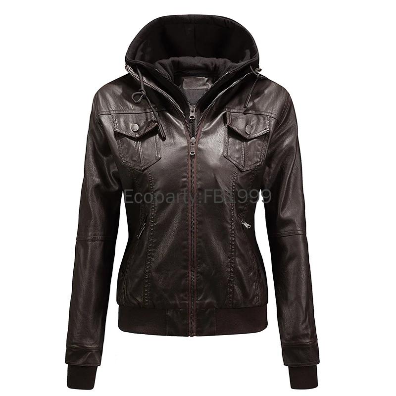 2024 Autumn Winter Women\'s Motorcycle Jacket Black Slim Pu Leather Removable Hooded Zipper Leather Coat Female Casual Outerwear