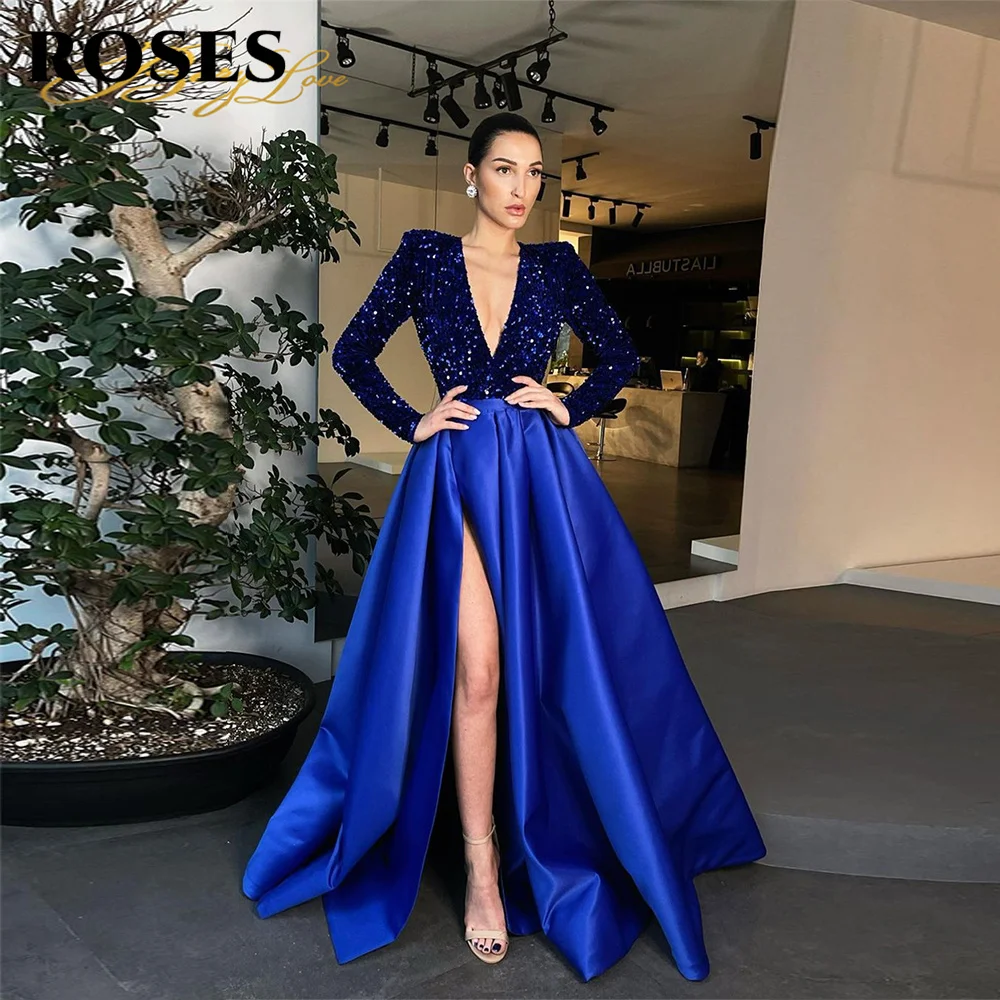 

Long Sequin Evening Dresses Shiny Party Dress Satin Sexy Sparkle Christmas Party Dress Deep V Neck Slit Formal Robe De Soiree