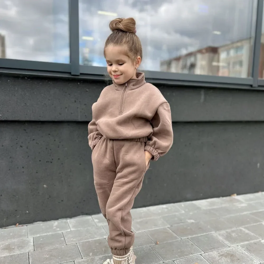 Children's Fleece Suits Half Zipper Jacket Insulate Sportwear Autumn Baby Boy Girl Clothes Set Pullover Sweater Top Pants Outfit