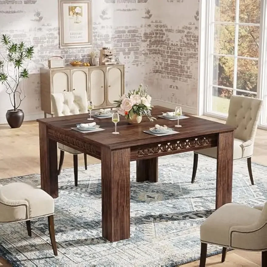 Dining Table for 4, 2-4 Person Farmhouse Wood Dining Room Table (Rustic Brown, Heavy Duty Legs)