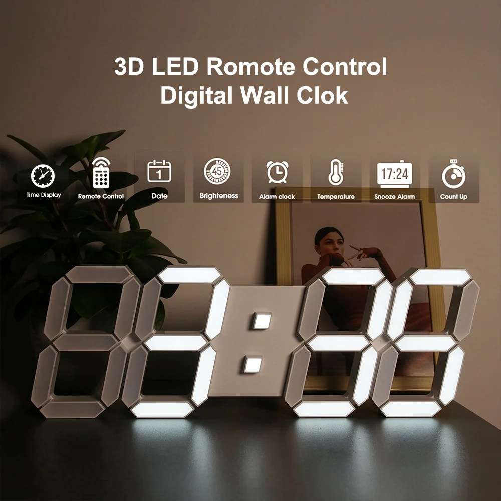 Deeyaple 3D LED Wall Clock 15Inch Digital Alarm Clock Time Date Temp Loop Display Snooze Auto Dimming Large Clock Fashion Decor