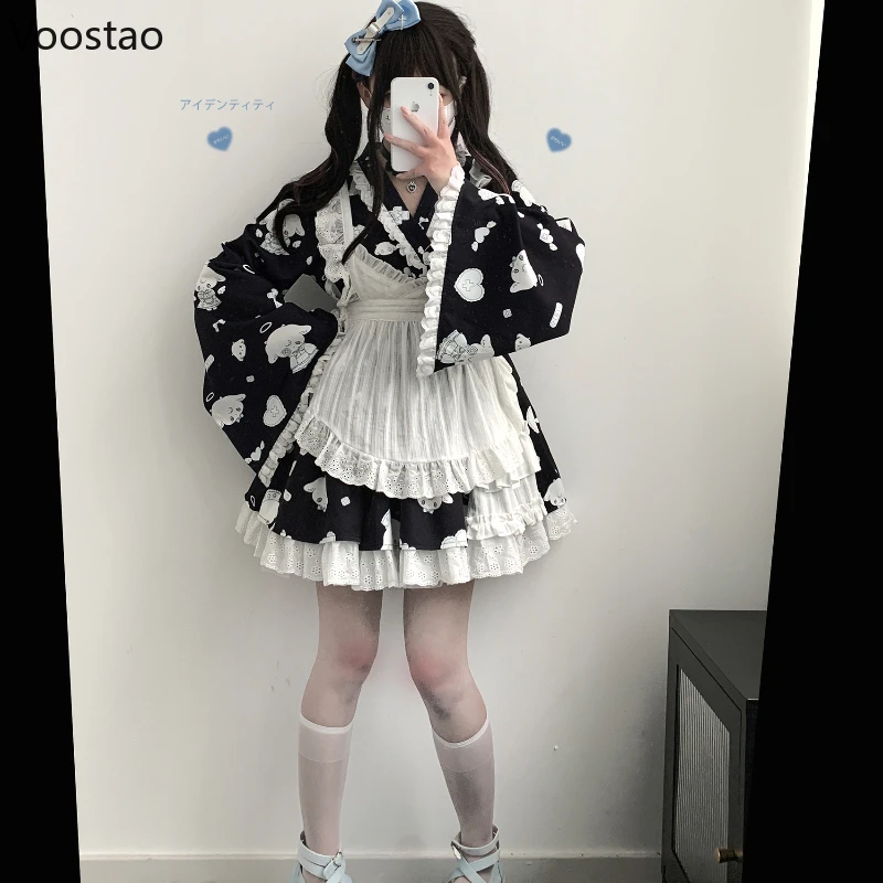 Abito da cameriera Lolita dolce giapponese Kawaii Cute Cartoon Print abiti da festa principessa con grembiule Costume Cosplay Set di abiti Kimono