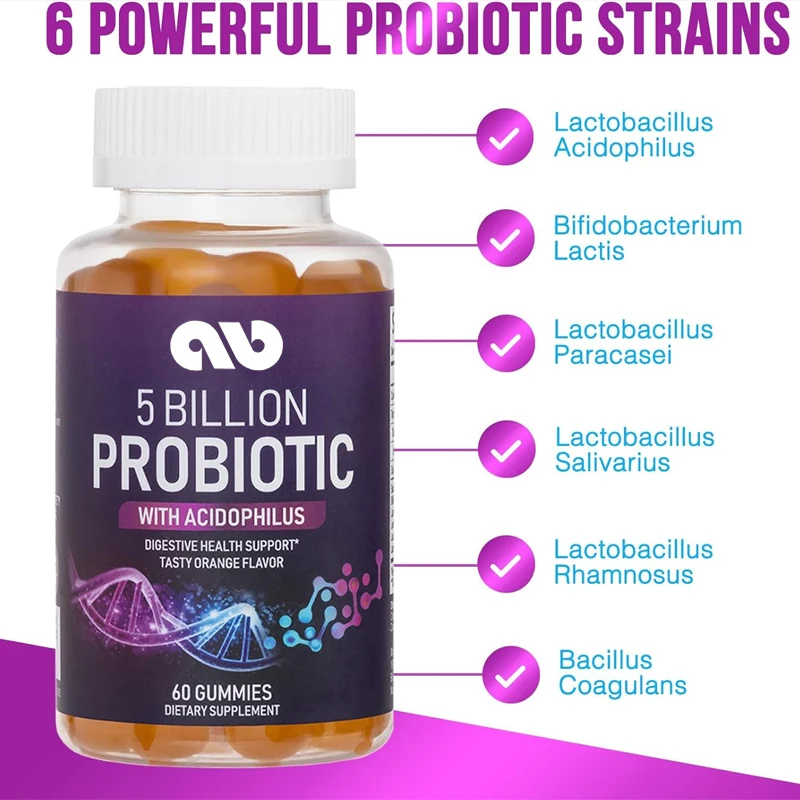 

Women, men, and teenagers probiotic gummies -5 billion colony units, 6 probiotic strains, orange flavored -60 capsules