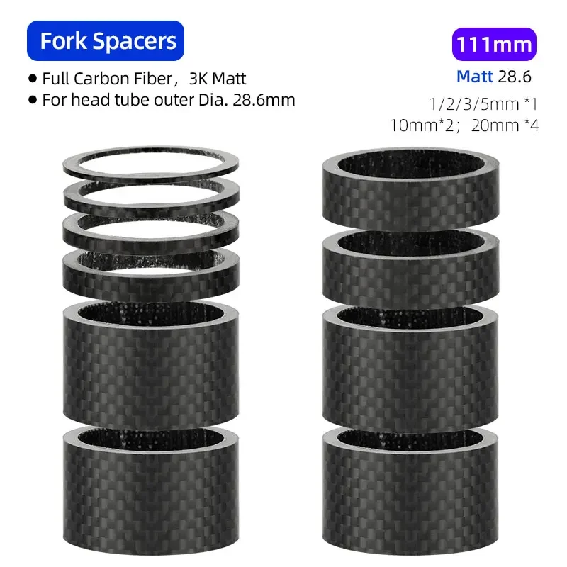 Fahrrad-Abstandshalter aus Kohlefaser für 1-1/8 Zoll 28,6 mm Gabel-Headset-Lenkervorbau, höhenverstellbare Unterlegscheiben, 3K-matte Ringe