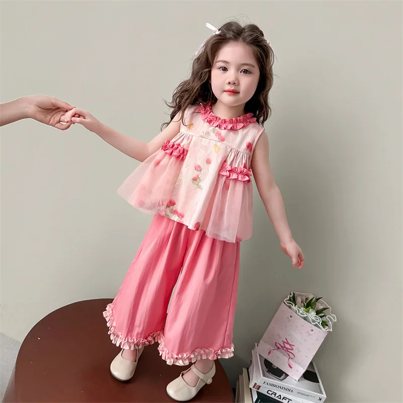 2026 Summer Cute Cotton Pink Kids Suits 2 3 4 5 6 8 10 Years Fashion New Baby Girls Strawberry Lacy Tank Top+Wide Leg Pants Sets