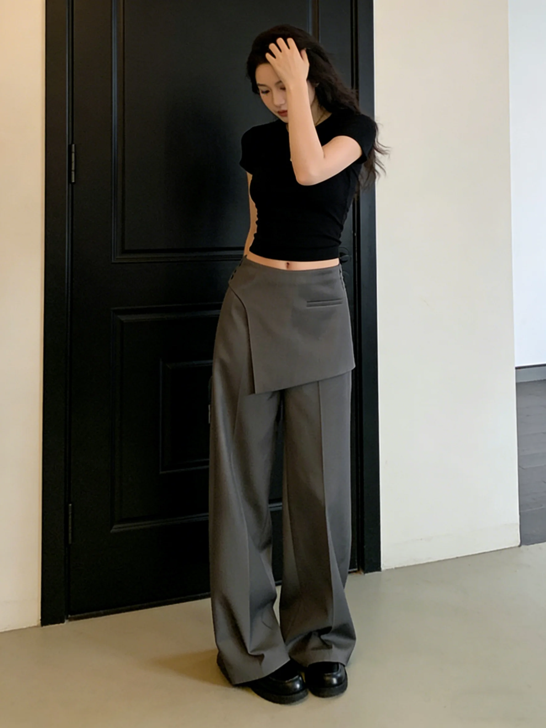 

High Waist ey Layered Look Casual Pants Women's Loose Straight Leg Trousers Korean Sle Wide Leg Pants Summer New Arrival