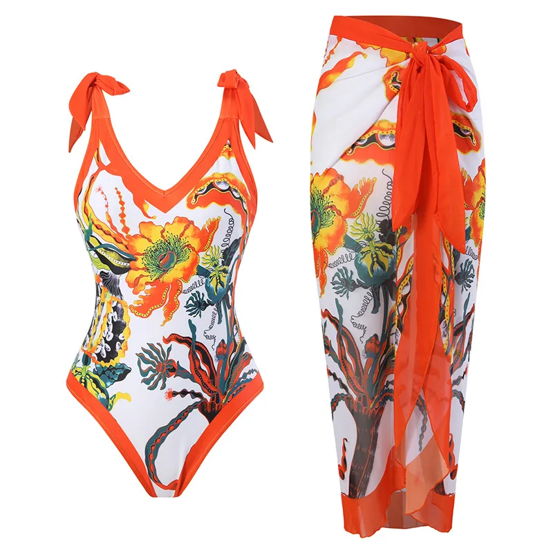 Bañador de dos piezas con estampado Floral y falda para mujer, traje de baño Retro con lazo para vacaciones, Monokini, Vestido de playa