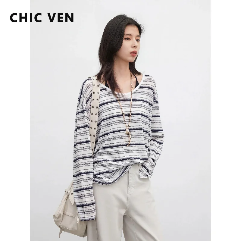 CHIC VEN Fashion Women T-Shirts U-neck Striped Long Sleeved Shirt Sun Protection Tees Hanging Neck Two-piece Set Summer 2026
