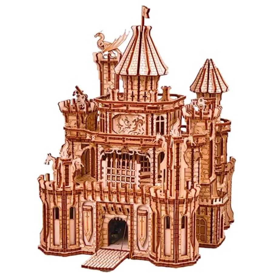 

Dragon Castle Movable Wooden 3D Puzzles for Adults and Kids to Build - Red LED - Greensleeves Melody - Towers Rotating - Engine