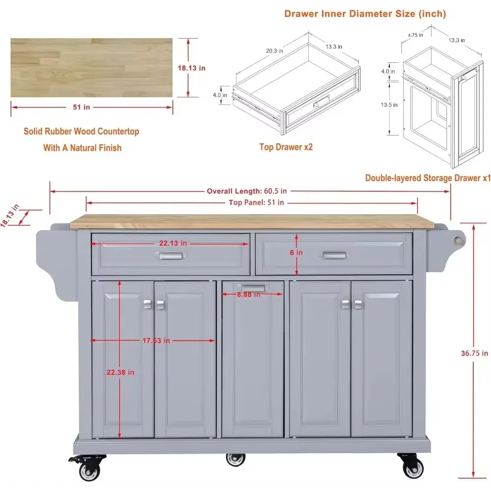 Rolling Kitchen Island on Wheels Utility Cart with Spice and Towel Racks and Rubber Wood Countertop, Storage Drawers, Door