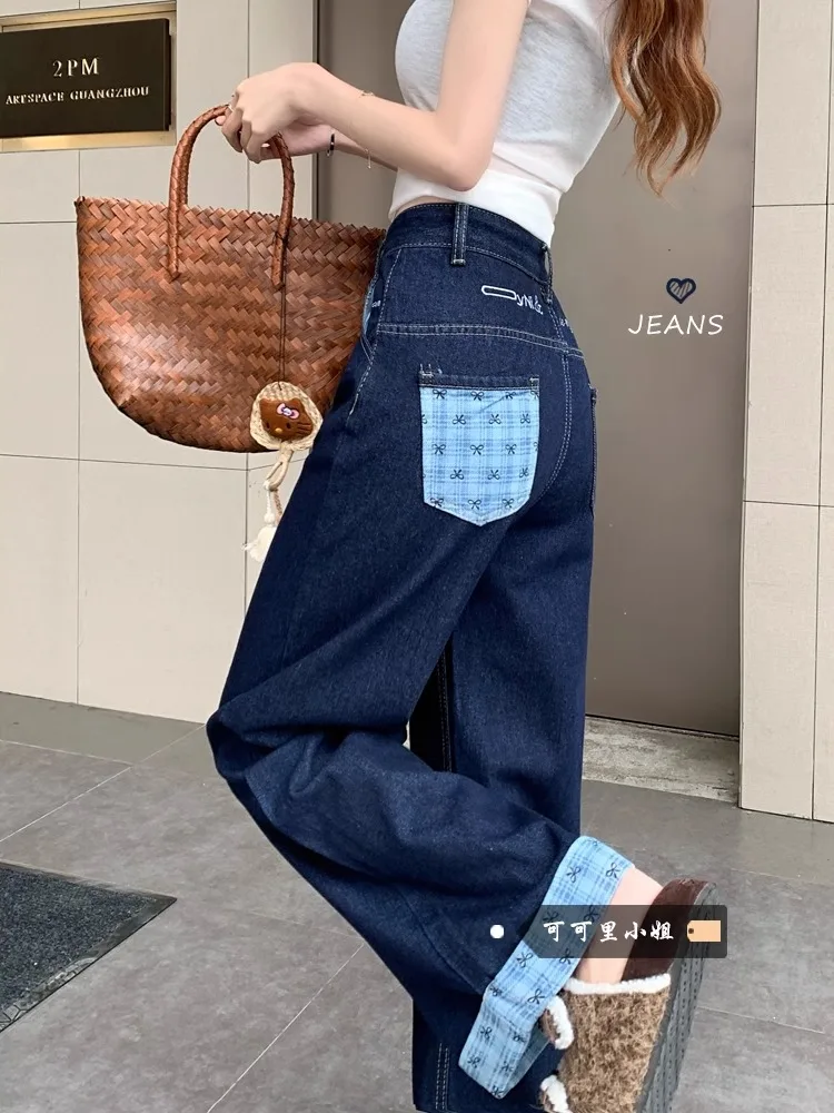 

Spring Autumn Letter Embroidery Butterfly Knot Plaid Patchwork Floor-Length Trousers Women High Waist Straight Leg Jeans