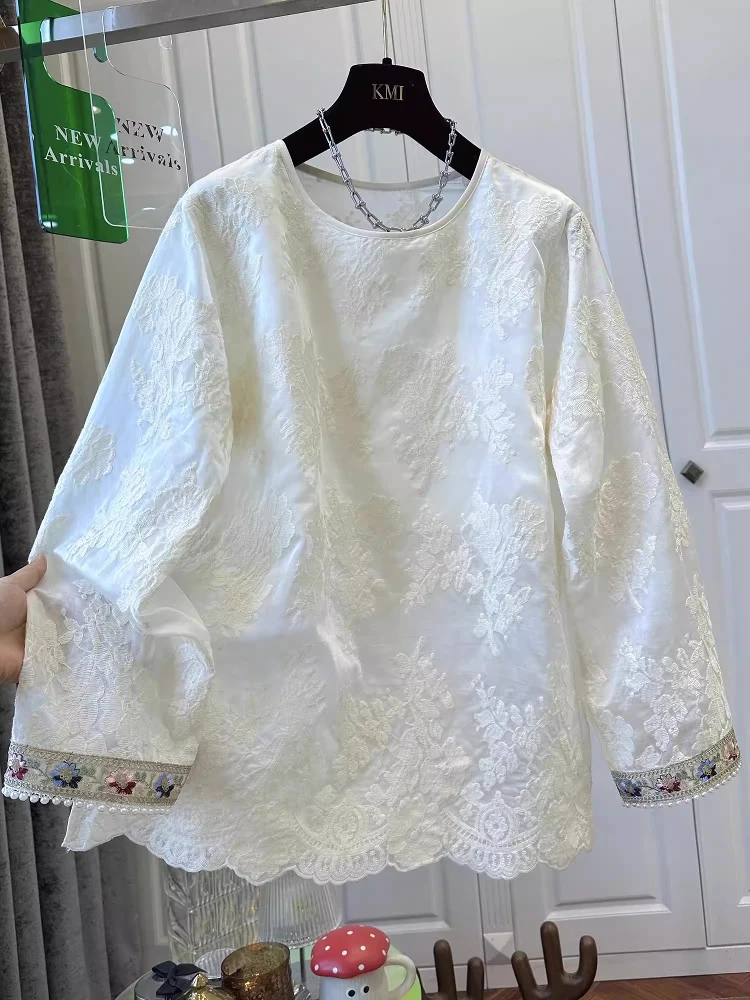 Extra Large Size 300 Pou New Chinese Sle Heavy Embroidery Sequin Patchwork Long Sve Lace irt Women's Top Spring