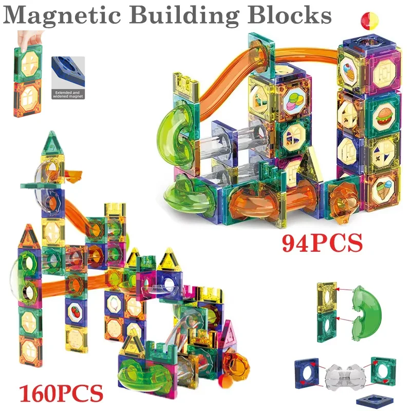 94PCS/160PCS 3D Magnetische Track Bausteine Set Rutsche Bälle Laufen Tracks Puzzle Pipeline Bildung Spielzeug DIY ziegel Kinder Geschenke