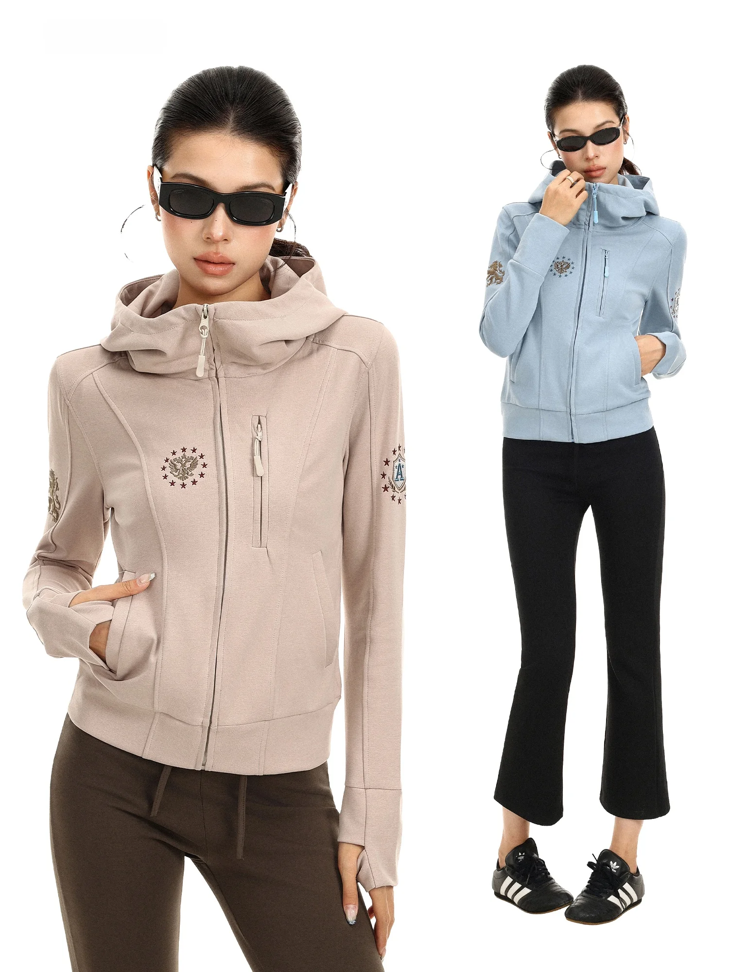 Biggolg American Retro Embroidered Hoodie Women's Casual Versatile Sports Slimming Zipper Top Trendy Long Sleeve Cotton Blend