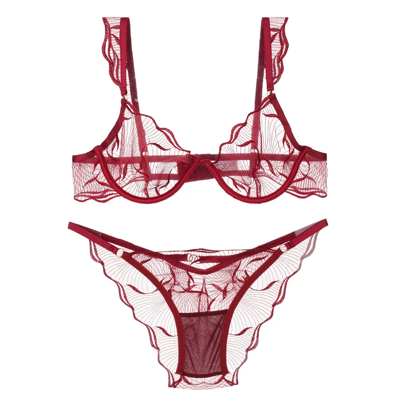 Elegant Women Flower Embroidery Mesh Lingerie Set Adjustable Straps Underwire Bra Panty Transparent Intimates
