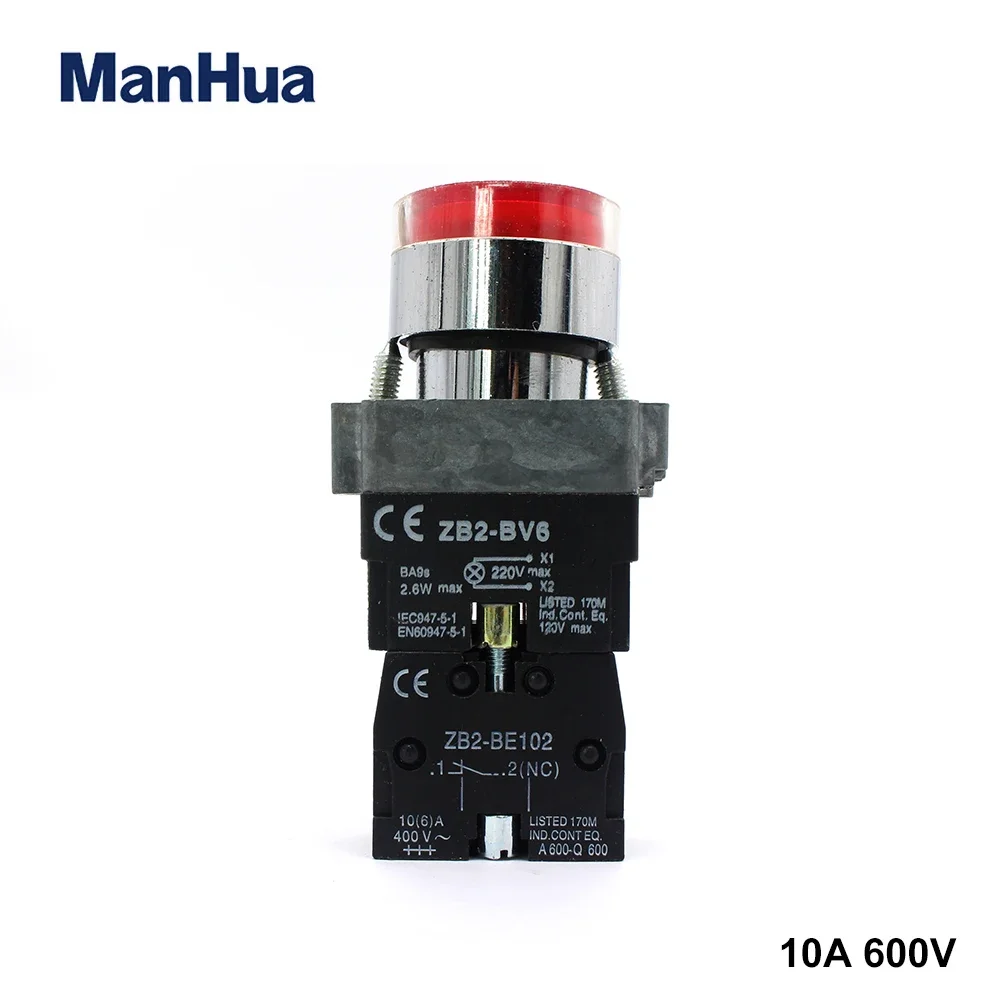 ManHua LED Push Button Switch XB2-BW3462 Flat Round Indicator Light Silver Contact