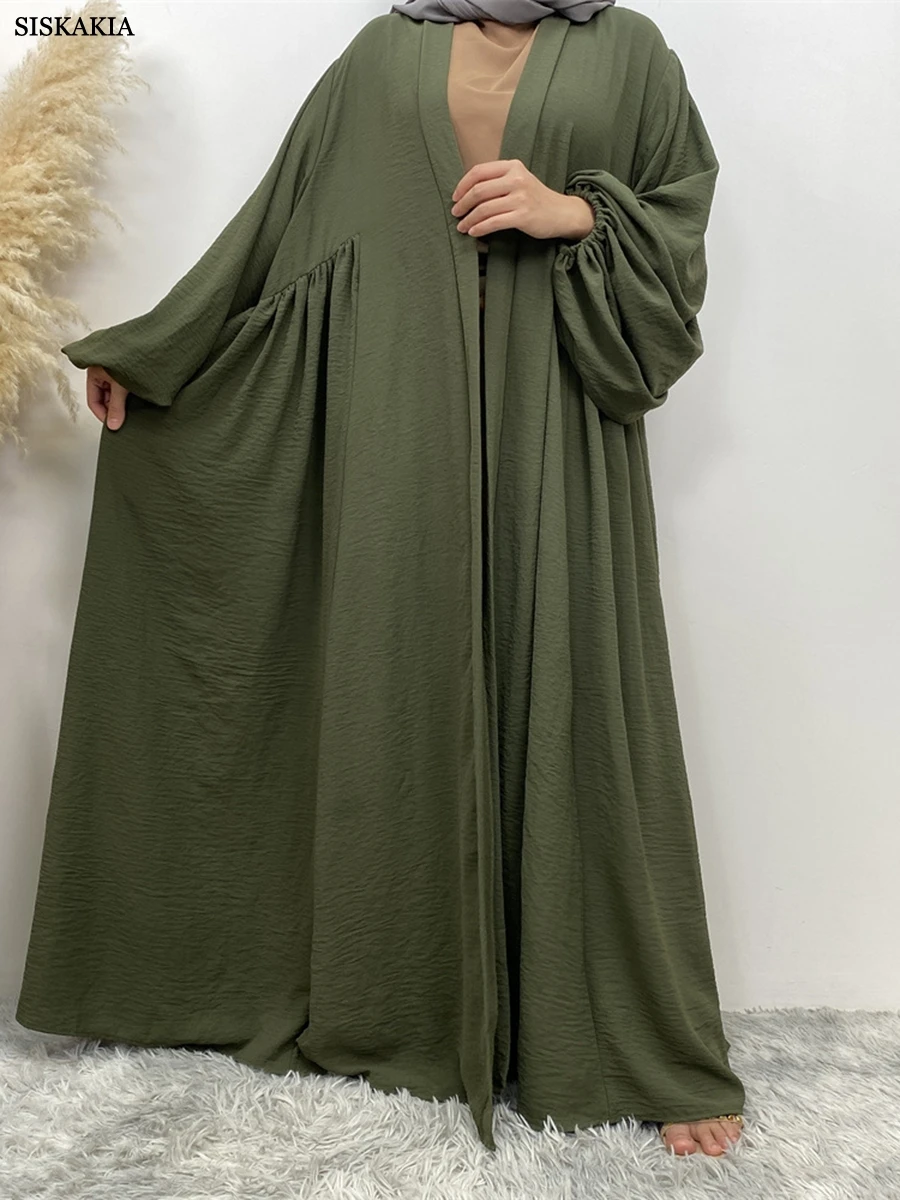 Siskakia Kimono Abayas Puff Sleeve Loose Folds Robe Kabaya With Pockets Muslim Ramadan Eid Women Clothing Turkish African Kaftan