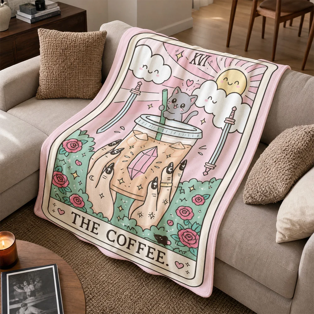 Aesthetic Coffee Cat Throw Blanket Couch Throw Decor Cottagecore Gift Cozy Picnic Blanket Home Living Room Accent for Couple Gif