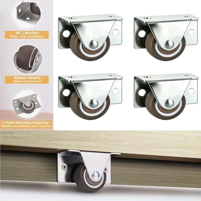 2/4/8/12PCS Sidemount Casters Low-Profile Casters for Wooden Furniture Under Bed Drawers DIY Fixed Rubber Rollerswheels 1 Inch
