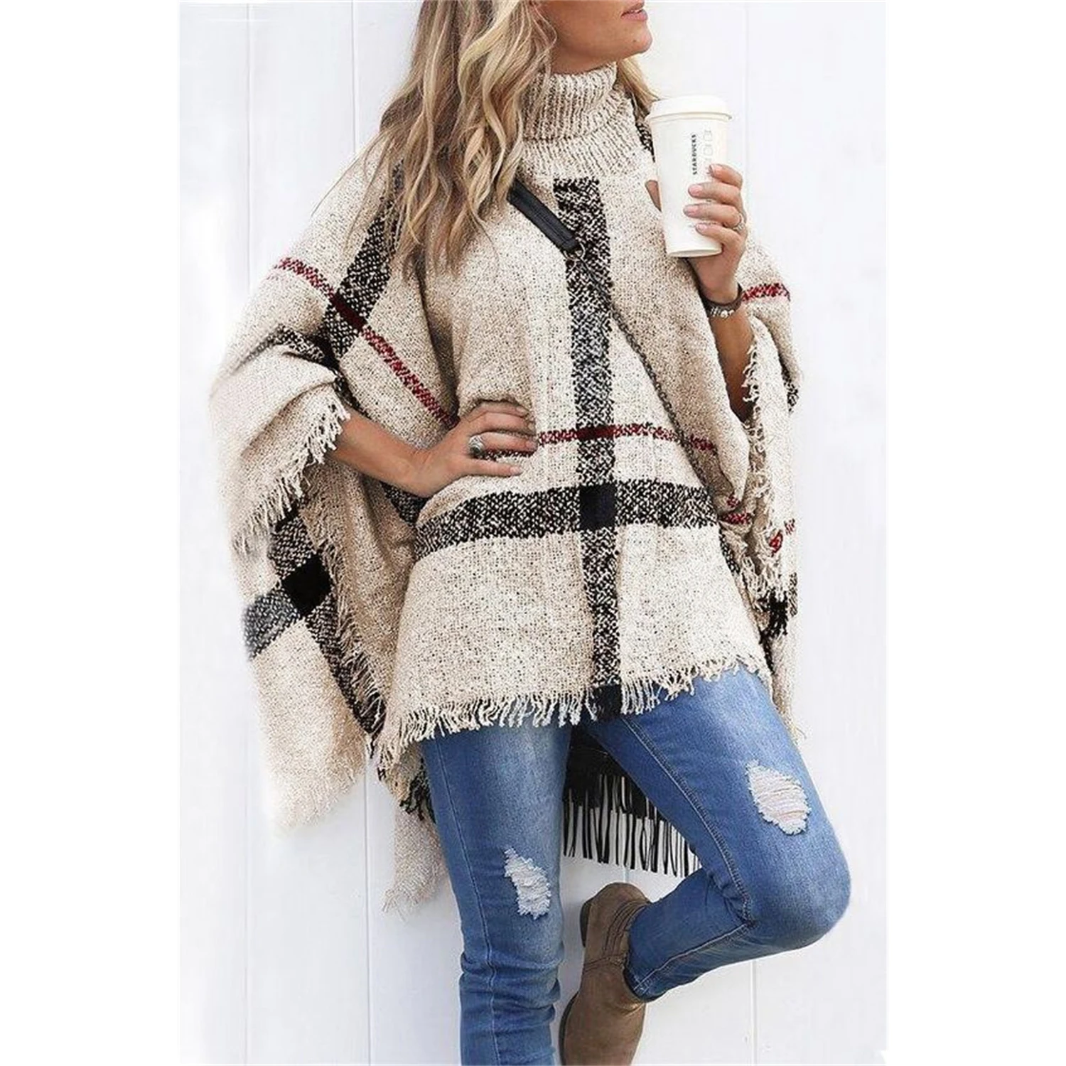 Women Spring Autumn Shawl Lady Knitted Wrap Plaid Pullover Cloak Loose Turtleneck Sweater Fall Winter Poncho Wholesale FPWP02