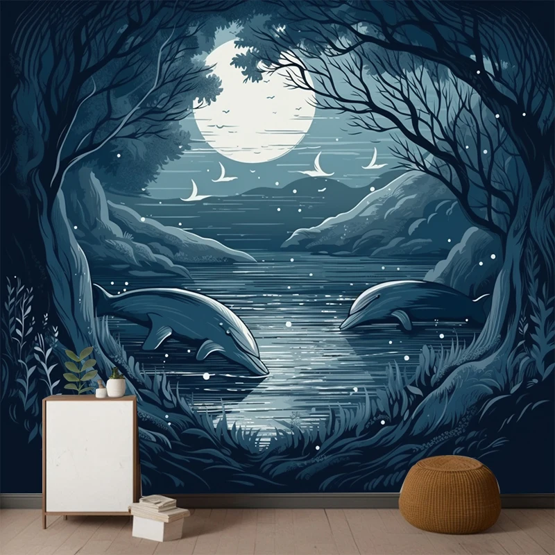 

2023 1Pc Sunset Whale Tapestry Beach Dolphin Tapestry Moonlight Polyester Decor for Nature Scene Bedroom Living Room Tapestry