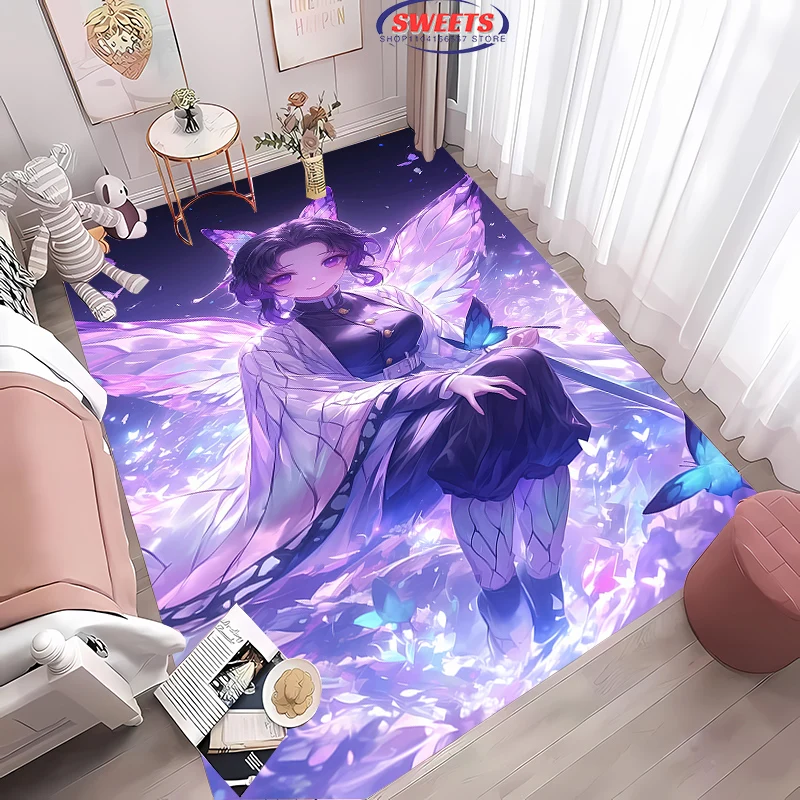 3D Printing Demon Slayer Carpet,Beautiful Shinobu Kochou Rug for Living Room Bedroom Sofa Doormat Decor,Kid's Non-slip Floor Mat