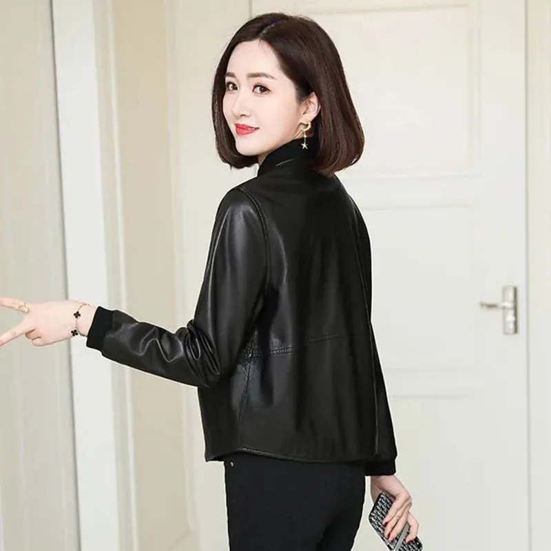 Czarna skórzana kurtka damska, płaszcz ze skóry PU, jesień-zima, nowa, damska, koreańska, luźna kurtka bejsbolówka ze skóry, kurtki damskie, topy, rozmiar 4XL
