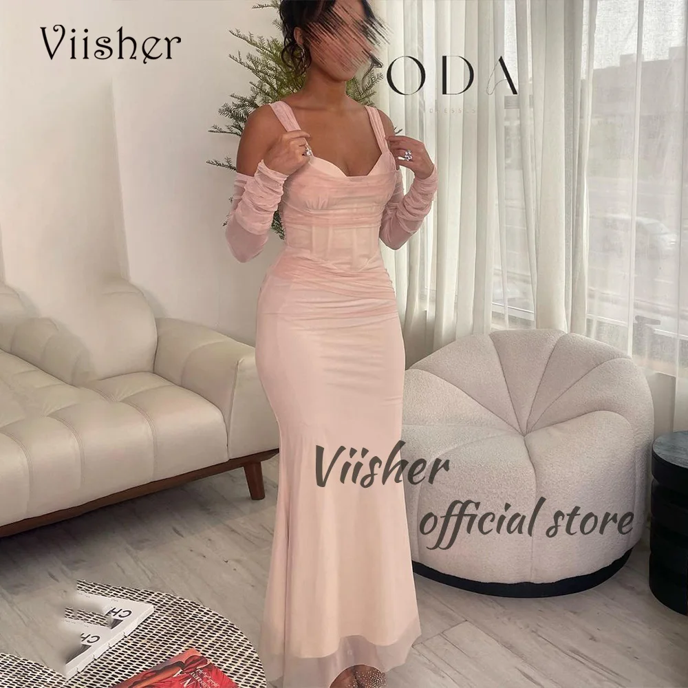 

Viisher Light Pink Mermaid Evening Dresses Spaghetti Straps Sweetheart Tight Prom Party Dress Arabic Dubai Evening Event Gowns