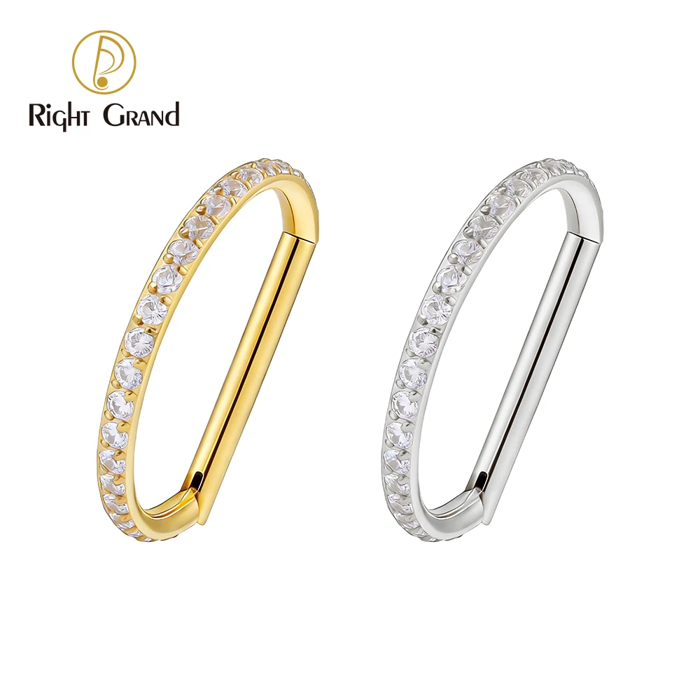 Right Grand Piercing de argola articulada (segmento) em formato de D, calibre 16G, em titânio ASTM F136, com zircônias cravejadas; modelo "clicker" adequado para cartilagem (conch, helix).