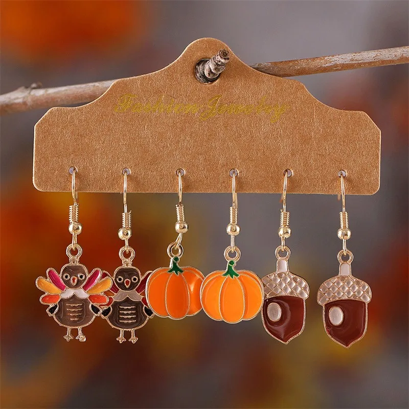 New Fashion Thanksgiving Turkey Pumpkin Sandwich Pinecone Drop Oil Women's Earring Set Holiday Gift Creative Jewelry