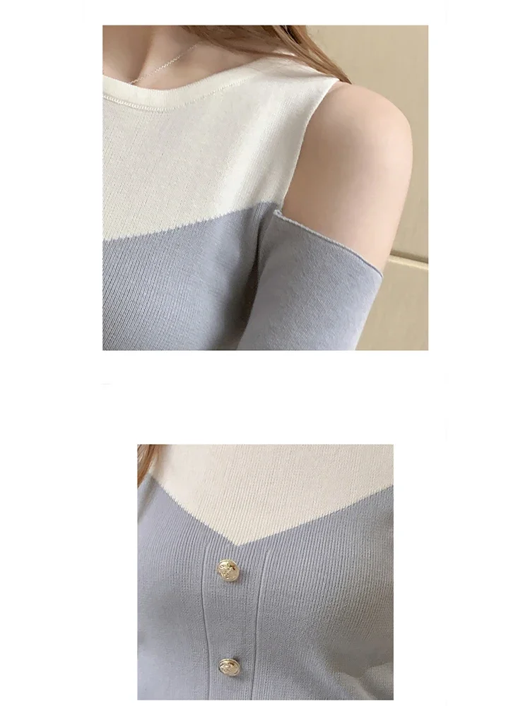 Patchwork Off Shoulder Sweater Women 2023 Autumn Womens Clothes Slim Knitted Cropped Pullover Long Sleeve Button Sweaters Mujer