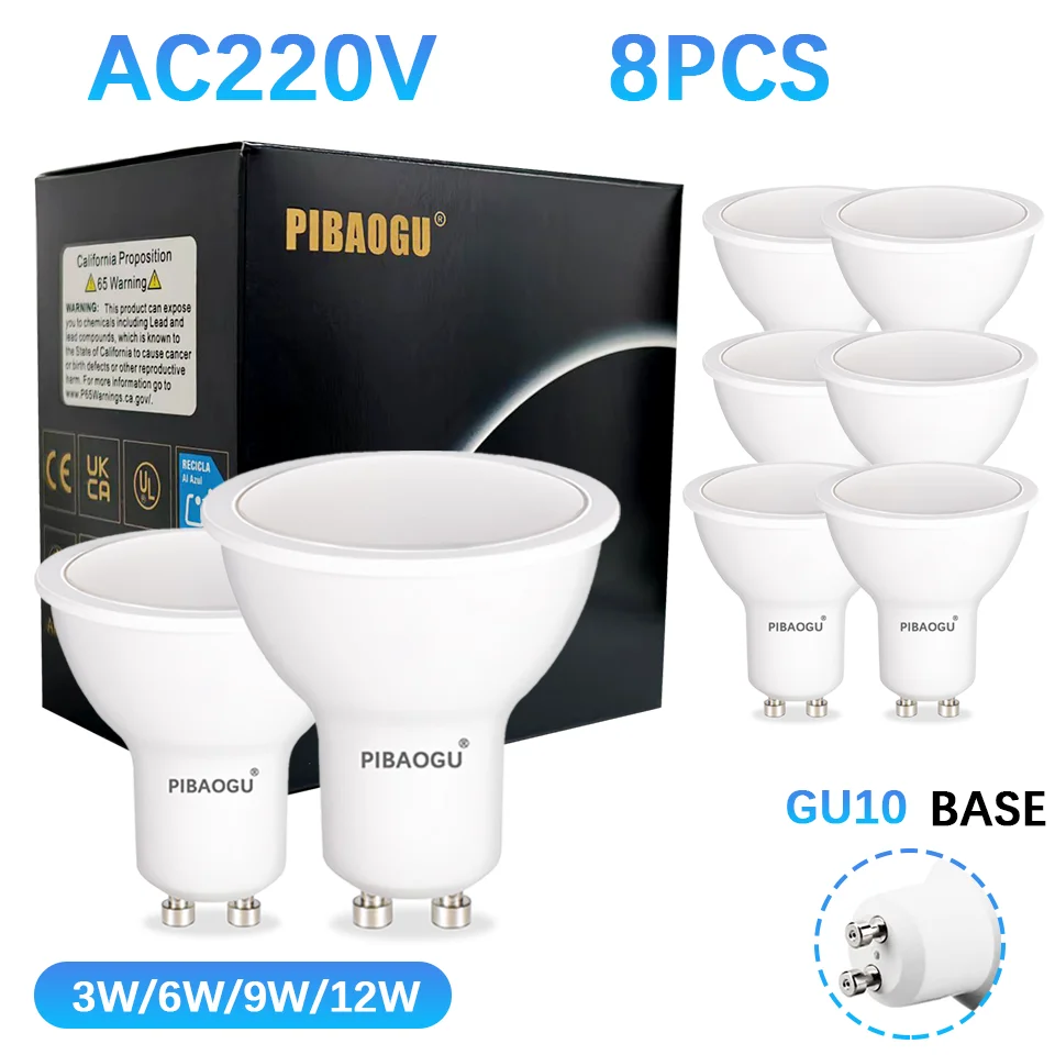 

8 шт. GU10 AC220V светодиодные точечные лампы белого цвета, теплые, нейтральные, 3 Вт, 6 Вт, 9 Вт, 12 Вт, энергосберегающие, с регулируемой яркостью, без мерцания для дома, гостиной, кровати