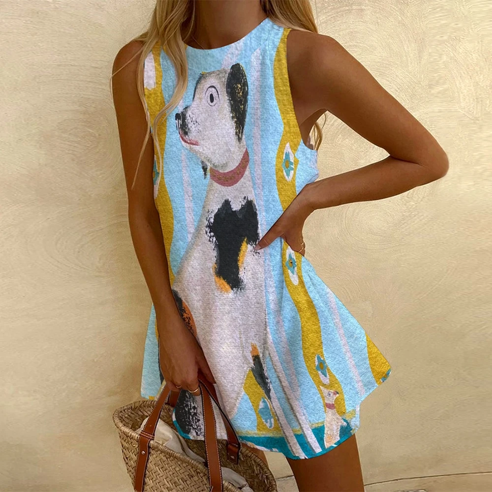 

Y2K Clothes Vest Dress Dog Print Sky Blue Base With Sweet Breeze Tops For Women Seaside Vacation ClothingTrend Block Sexy Summer