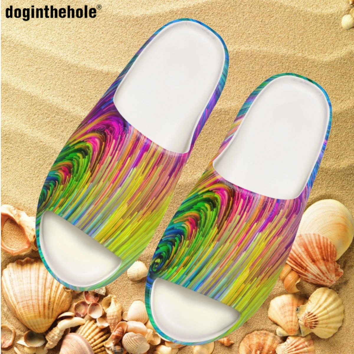 

Doginthehole летние шлепанцы EVA для женщин новые кокосовые тапочки с цветным принтом Tie Dye для пары отдыха на открытом воздухе пляжа болотные сандалии