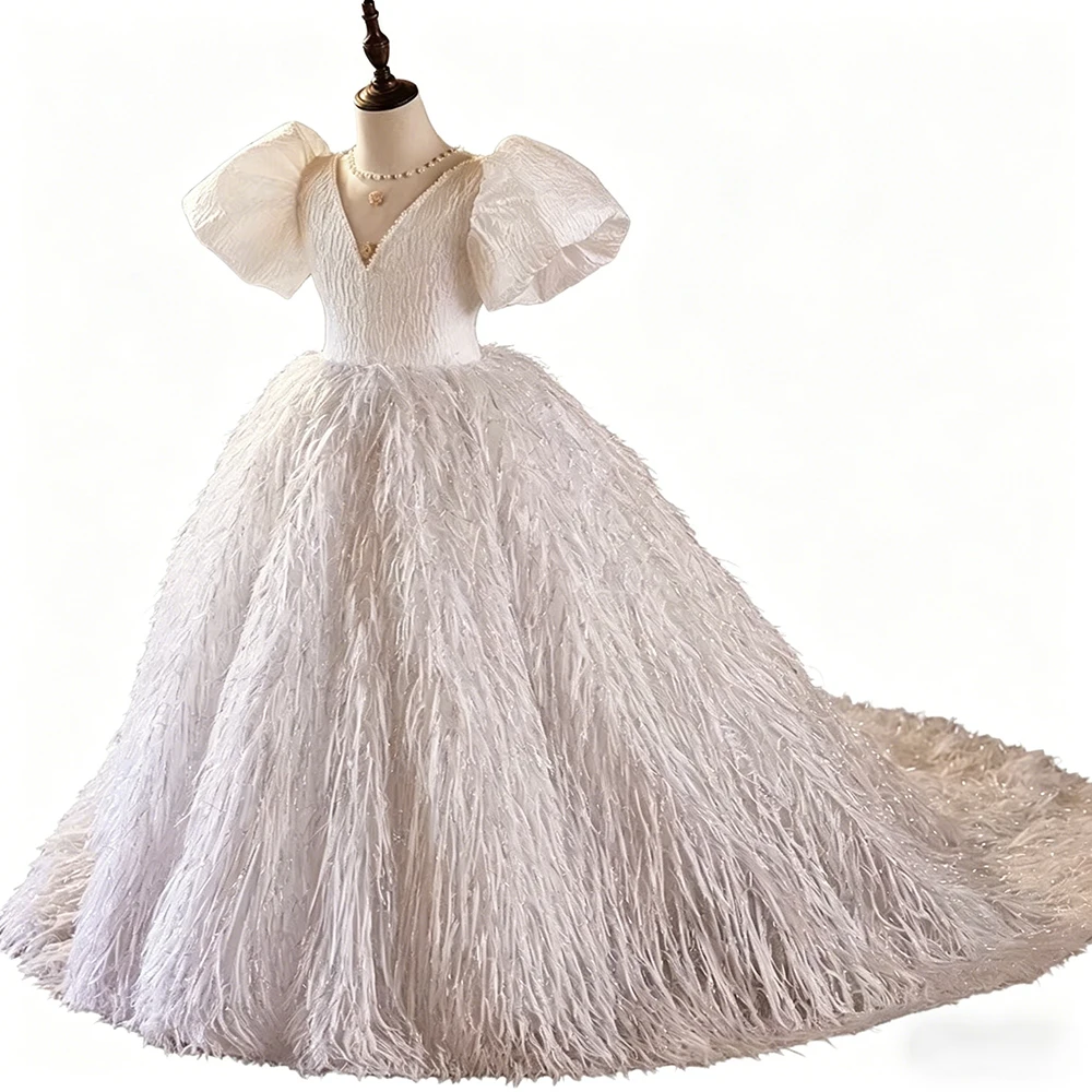 Luxury White Tassel Fluffy Texture Pageant And Wedding Bridesmaid Floor Length Dress For Girls Prom Evening Party Dresses Kids