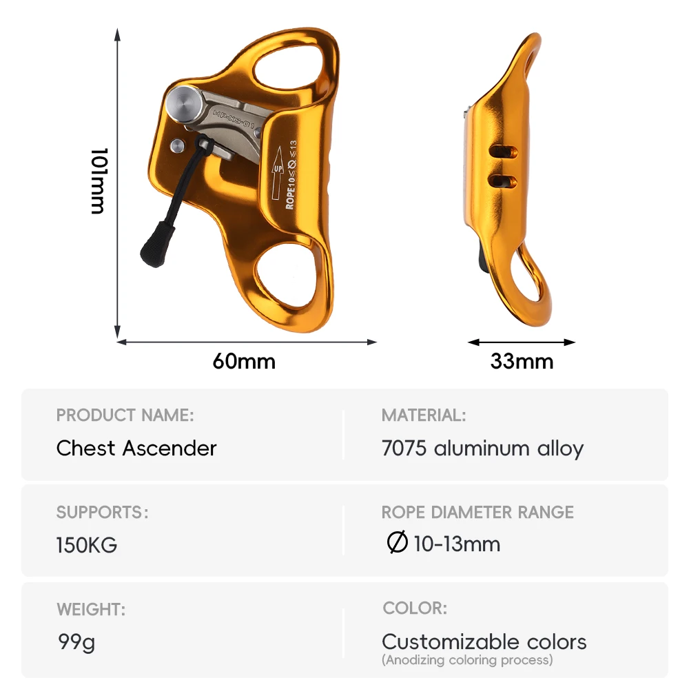 Outdoor Chest Strap For Rock Climbers- Abdominal Clip For Outdoor Vertical Rope Climbing- Rope Clamp Fits10-13Mm Gold Ascender