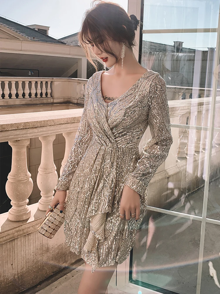 

Sexy ort Evening Dr Pure Color mid Waist Zipper Sle Glittering Deep V Ne Fem Adult Birthday Performance Art Exam