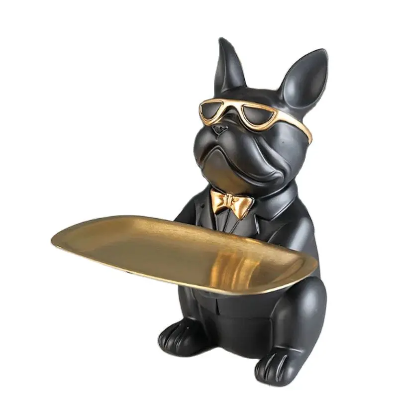 

ERMAKOVA Nordic French Bulldog Sculpture Dog Figurine Statue Key Jewelry Storage Table Decoration Gift With Plate Glasses