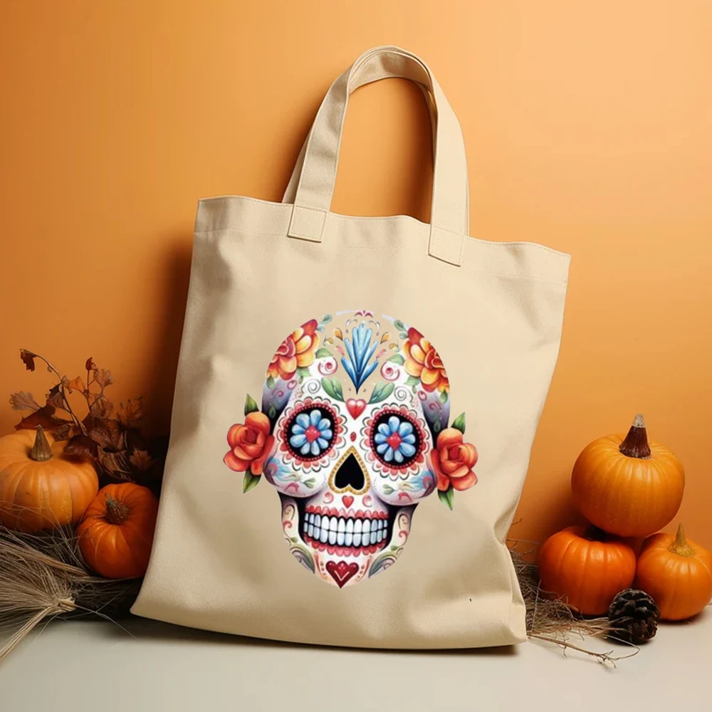 Skull Head Print Bag Halloween Cotton Canvas Tote Shoulder Bag Weekender Bag Cute Skull Tote Bag Funny Reusable Shopping Bag