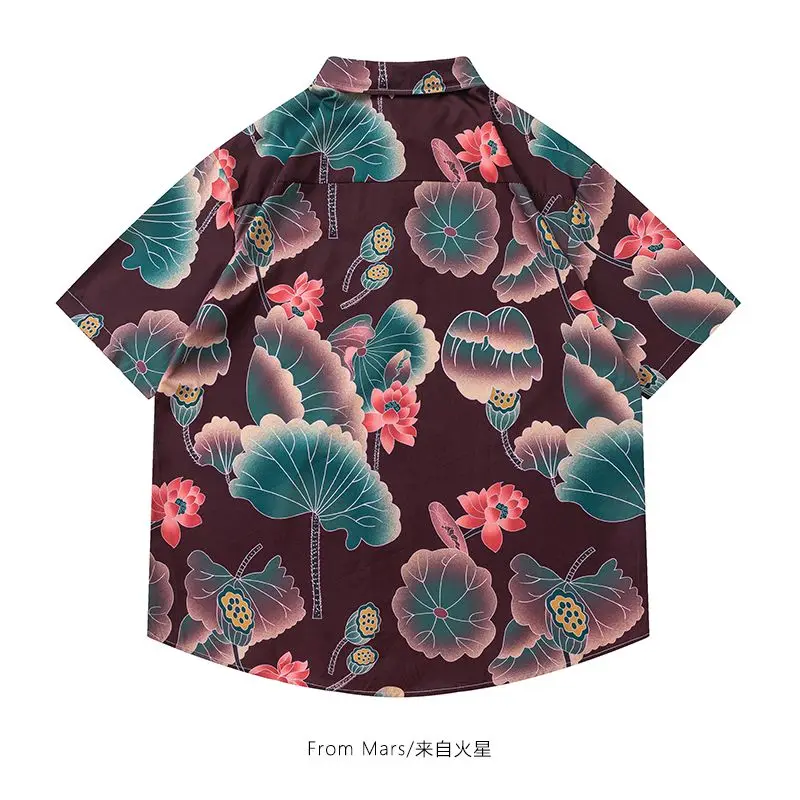 High Street Design Personalized Shirt Lotus Leaf Print Single Breasted Shirts Shorts Sleeve Lapel Tops Men Hip Hop Funny Blouse