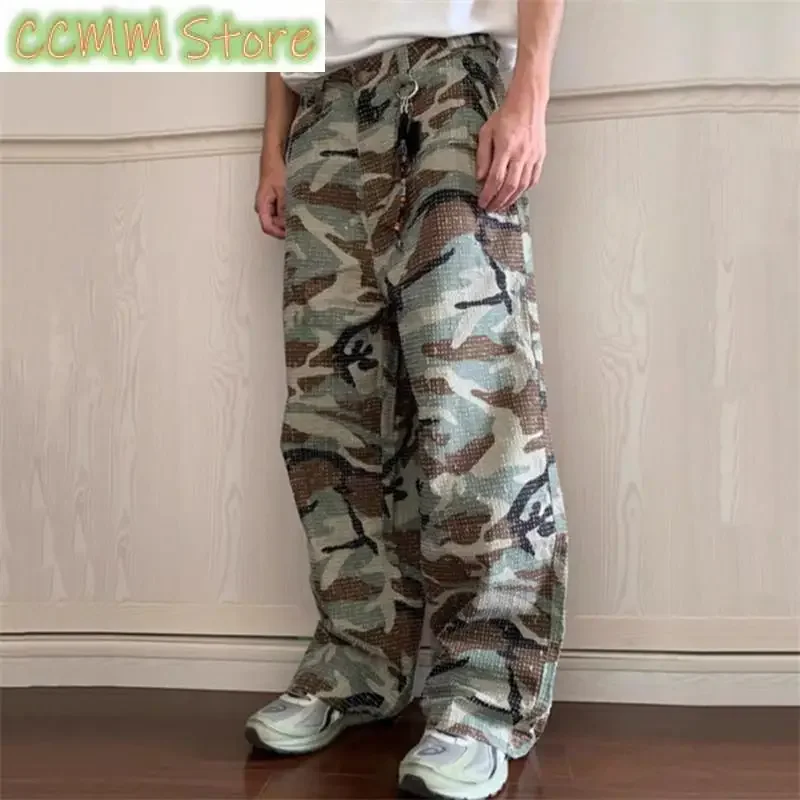 Women's Vintage Camouflage Print Thin Unisex Pants Cool Girl Street Fashion Bottoms Female High Waist Straight Wide-leg Trousers