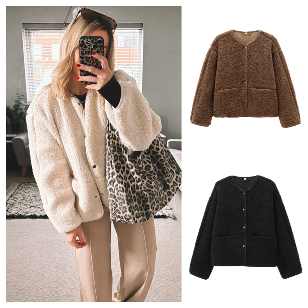 PB&ZA2024 autumn new women's clothing style simple round neck casual comfortable simple teddy fleece jacket short jacket