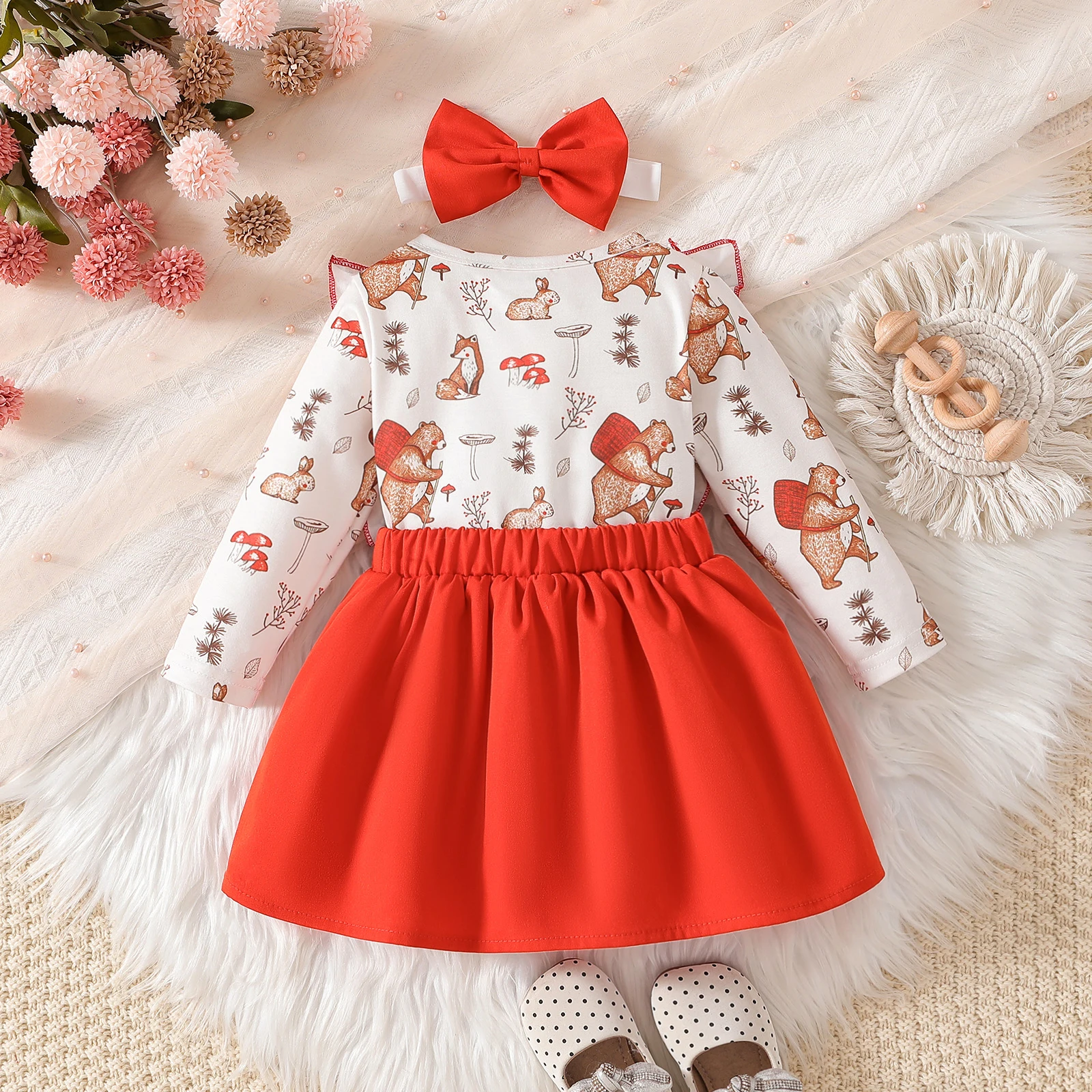 0-2 Year Old Newborn Baby Girl Dress Ruffle Long Sleeved Patchwork Dress Butterfly Animal Print Headband Set