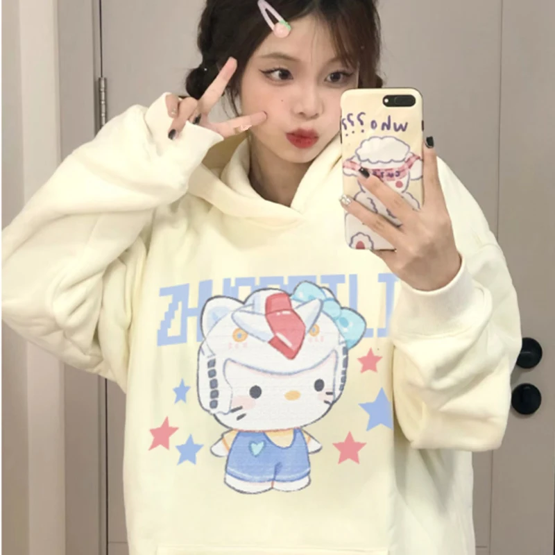 Interesting Kawaii Hello Kittys Hooded Sweater Woman Sanrios Anime Printing American Trend Autumn Winter Couple Hoodies Oversize