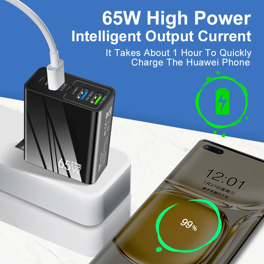 65W GaN Charger USB C Fast High Speed Charging Quick Phone Wall Adapter For iPhone 15 pro max Samsung S23 Huawei 60 Xiaomi 13 14